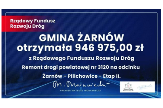 Gmina Żarnów otrzymała 946 975,00 zł z Rządowego Funduszu Rozwoju Dróg