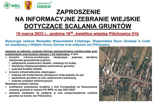 Zaproszenie na zebranie wiejskie w Pilichowicach dotyczące scalania gruntów