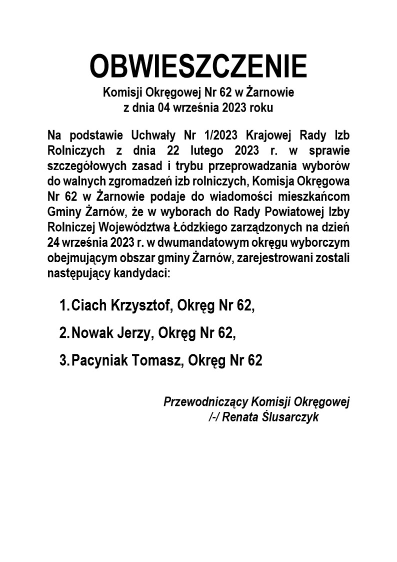 Obwieszczenie Komisji Okręgowej Nr 62 w Żarnowie